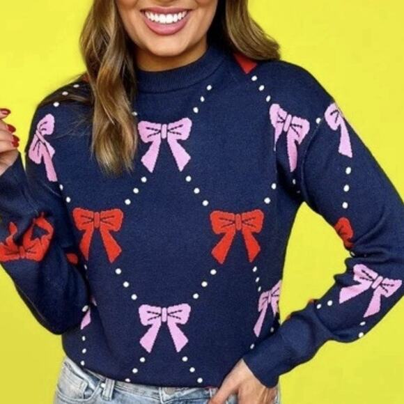 THML Women’s M ‘Ginny’ Knit Bow Pullover Sweater Navy Crew Neck Long Sleeve EUC - Picture 2 of 10